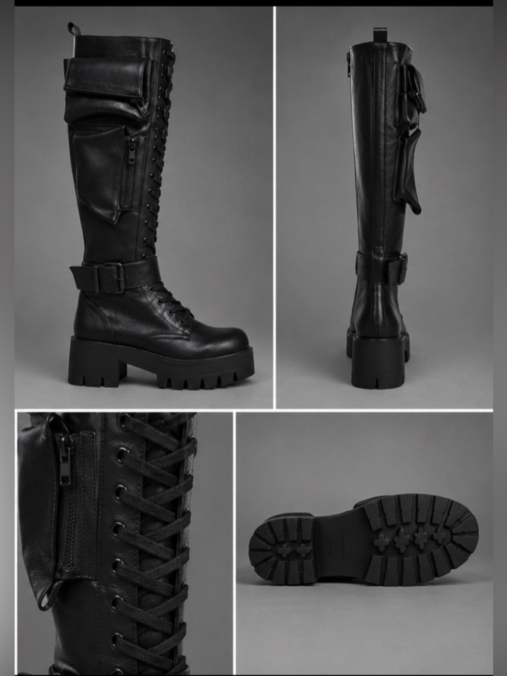 Black Knee High Platform Combat Boots With Cargo Pockets - Picture 5 of 9